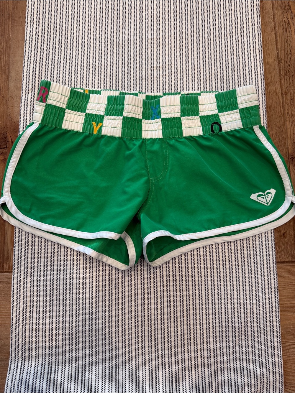 Roxy Green Shorts with White Trim and Checkered Waistband